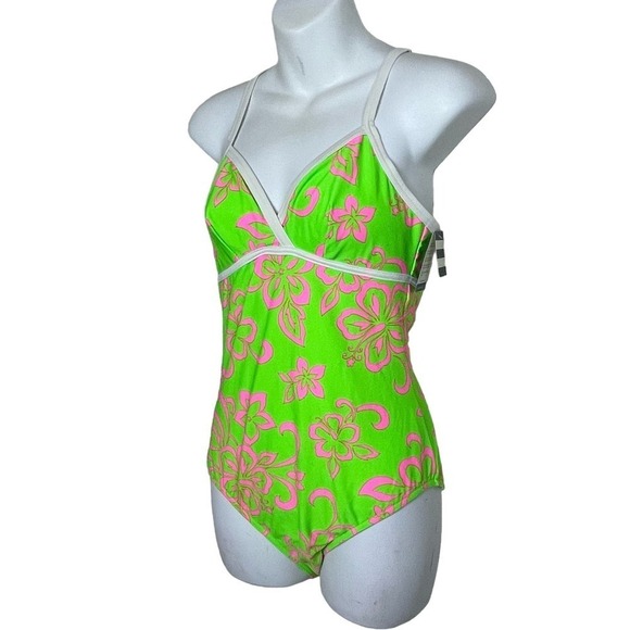 NWT Lands End Kindest Cut One Piece Star Shape Size 12 Green Pink White Trim - Picture 4 of 7